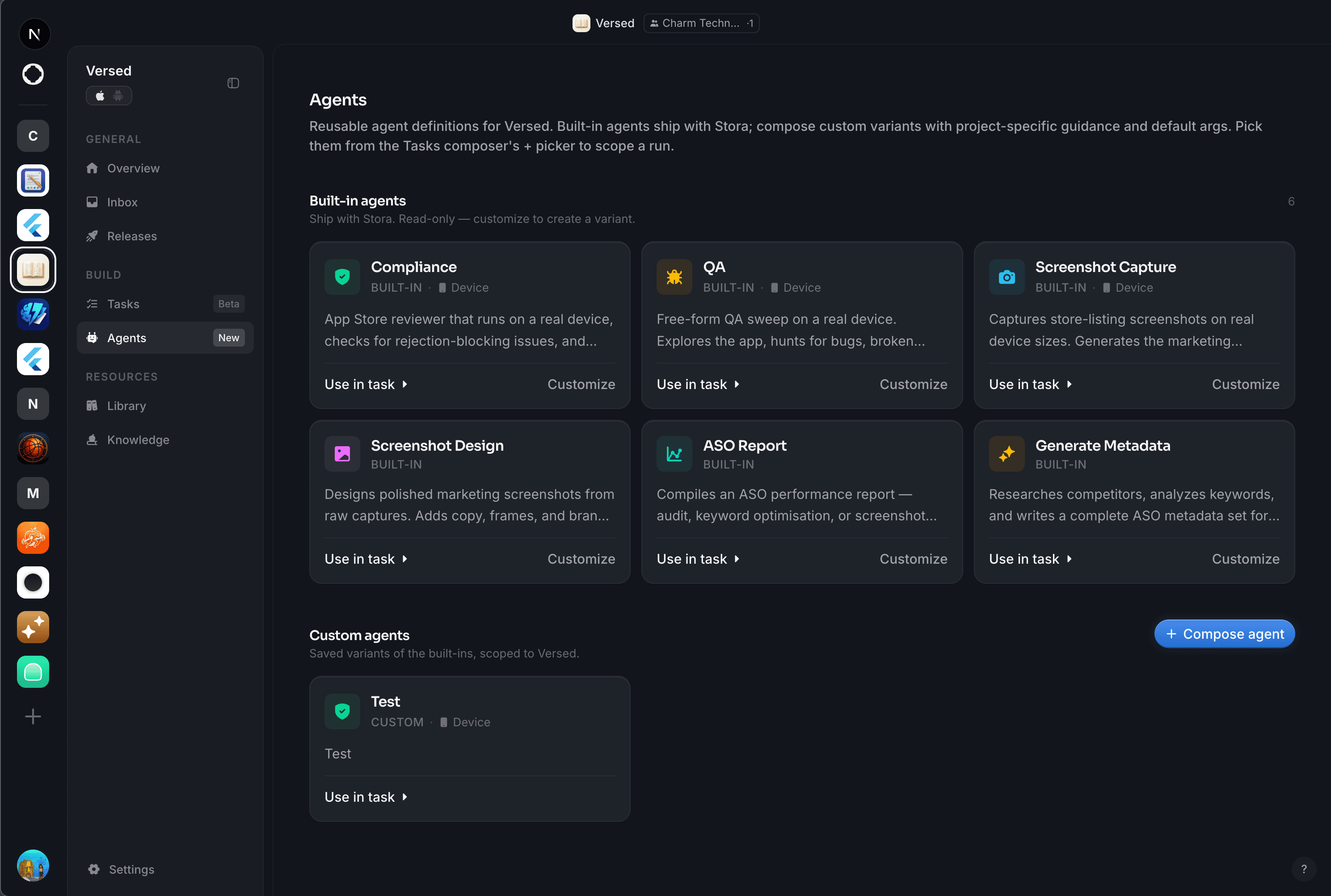 Stora built-in agents panel — Compliance, QA, Screenshot Capture, Screenshot Design, ASO Report, Generate Metadata — each composable into custom variants