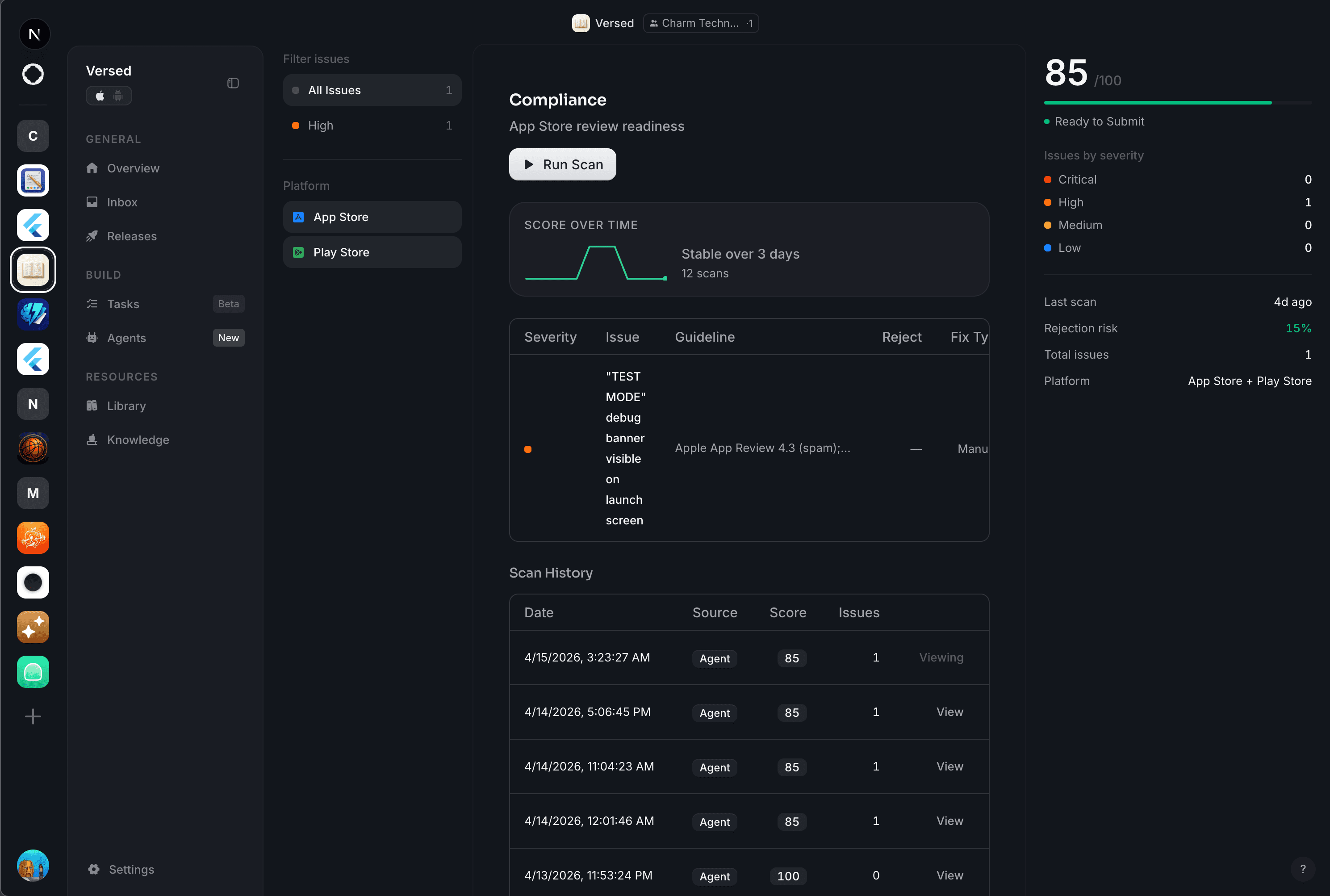 Compliance readiness detail — 85/100 score, rejection risk 15%, App Store + Play Store severity breakdown, score-over-time trend, and scan history