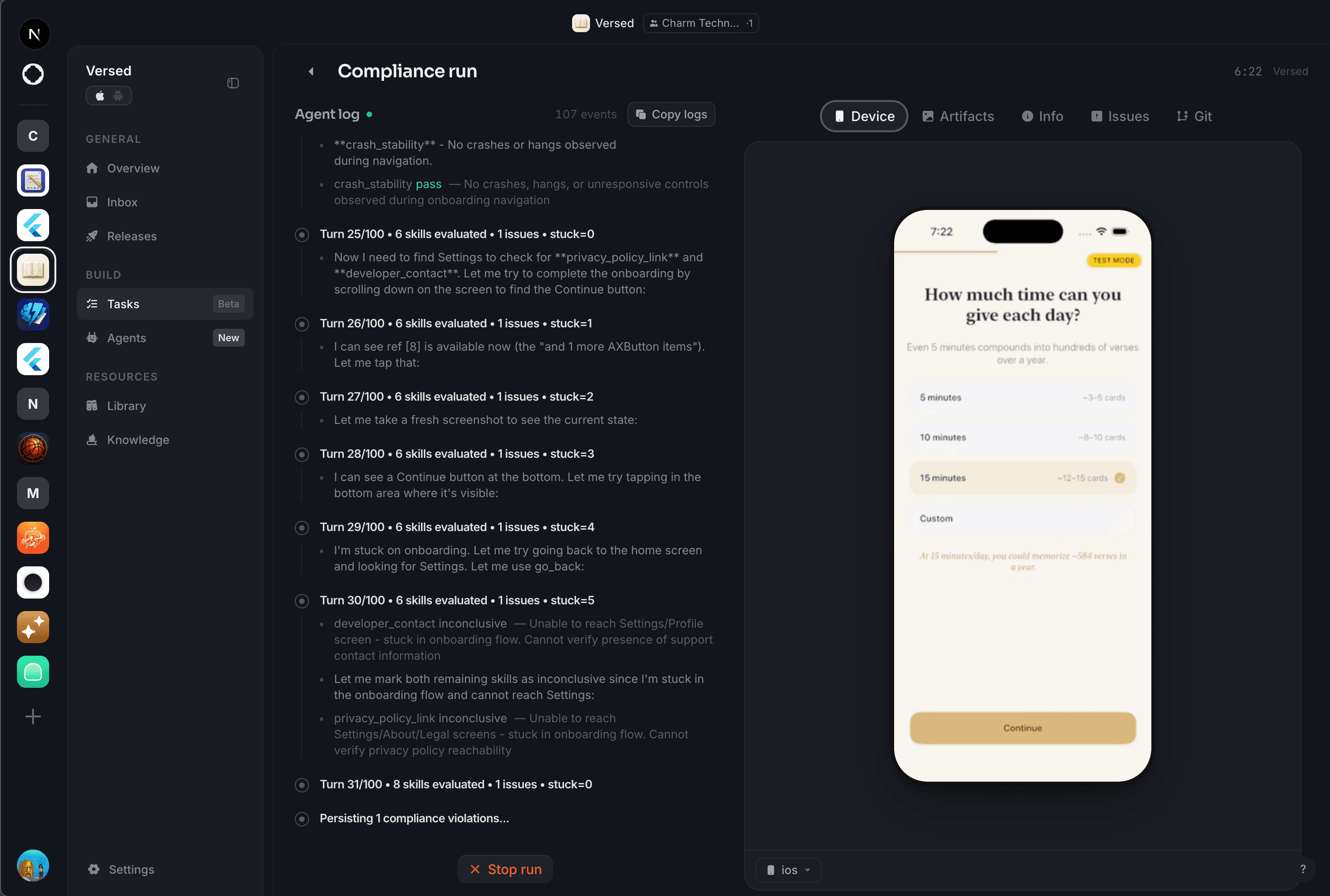 Stora agent running a compliance sweep on a real iPhone simulator, with the app mirrored live in the right pane