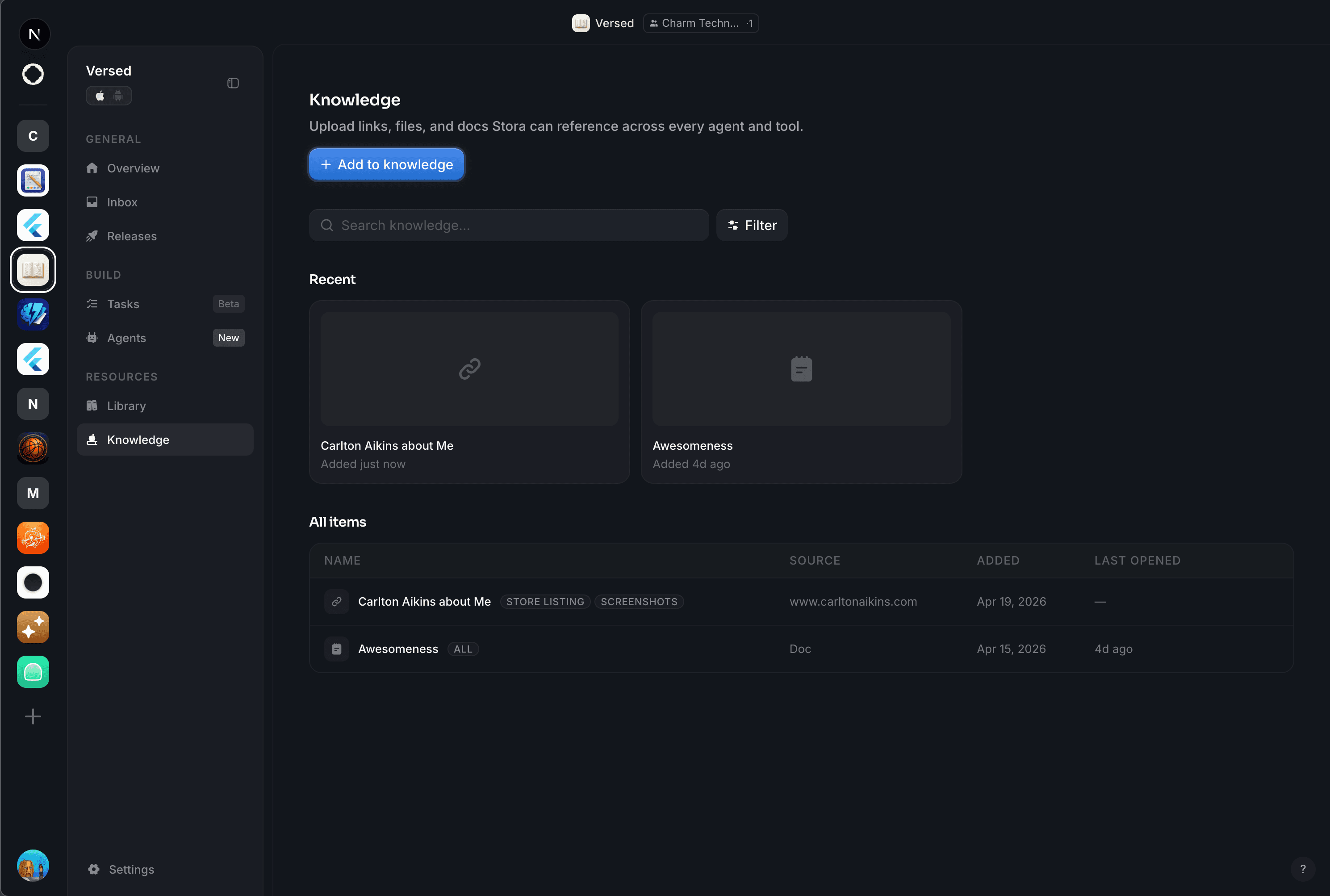 Knowledge base — recent items + all items with source, added-date, and last-opened columns, scoped per project