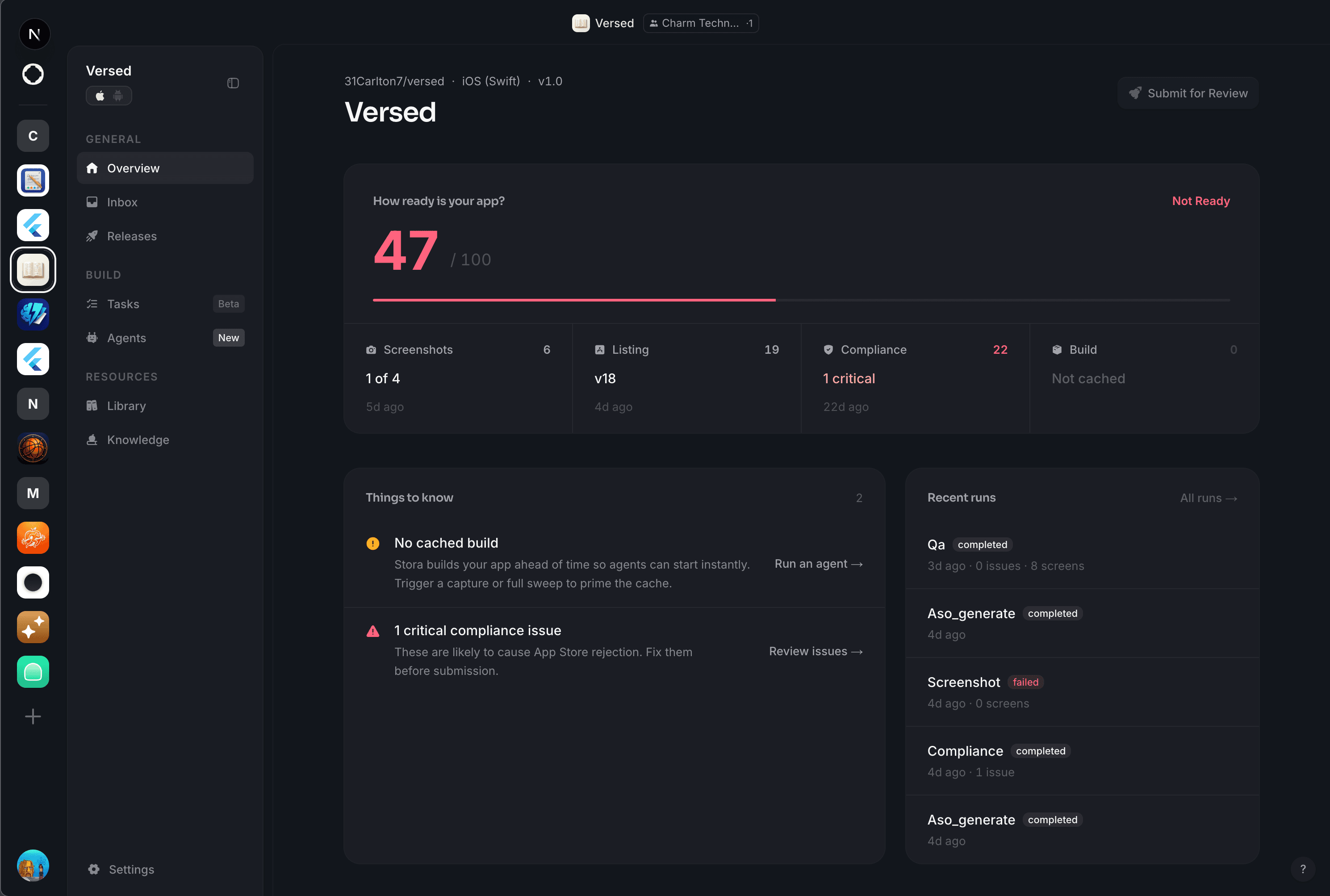 Stora release overview for Versed iOS v1.0 — readiness score, screenshots, listing, compliance, build status, and recent agent runs all on one screen