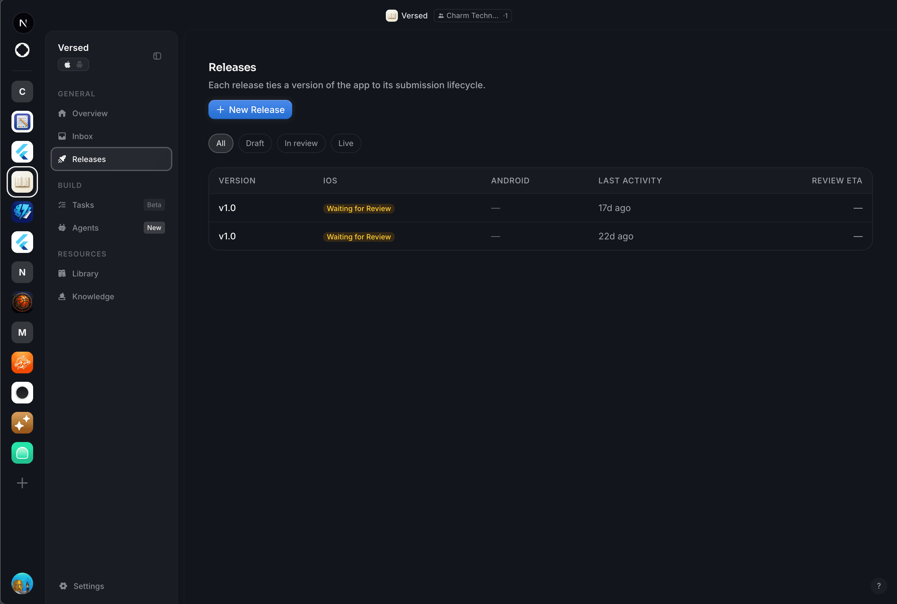 Releases listing — v1.0 waiting for review across iOS and Android with last-activity and review ETA columns