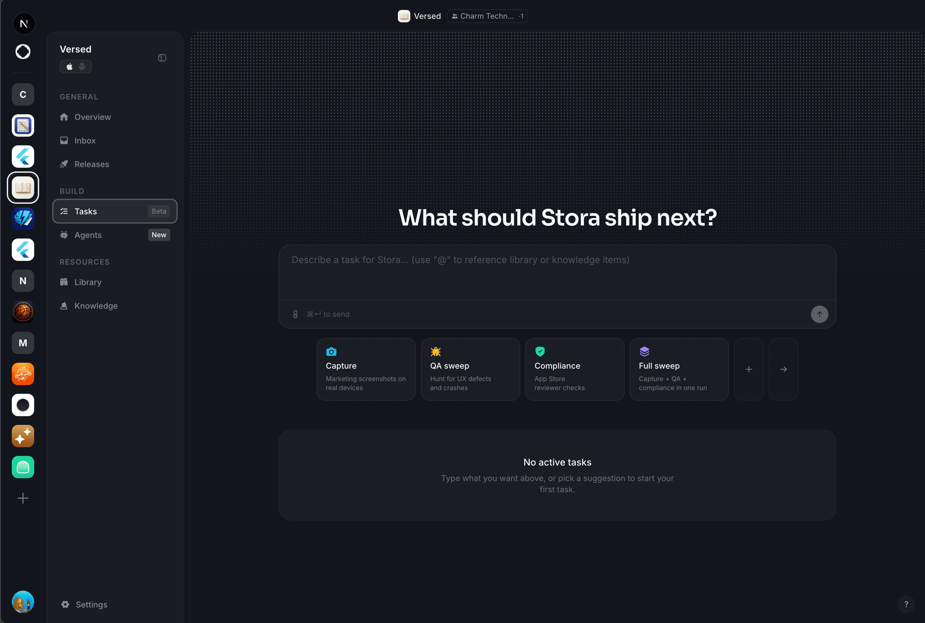 Stora task composer: one prompt to spin up a full release, with quick-task chips for capture, QA sweep, compliance, and full sweep